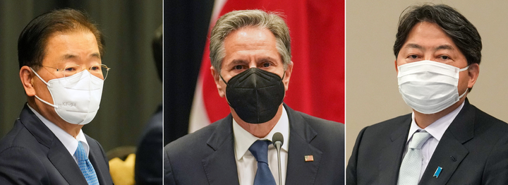 [서울=뉴시스] 12일(현지시간) 하와이 호놀룰루 아시아·태평양안보연구소(APCSS)에서 정의용 외교부장관과 토니 블링컨 미국 국무장관, 하야시 요시마사 일본 외무상과 한·미·일 외교장관 회의를 하고 있다. (사진=외교부 제공). 2022.02.13. photo@newsis.com *재판매 및 DB 금지