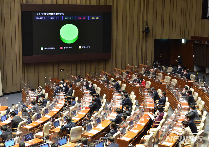 [서울=뉴시스] 최진석 기자 = 14일 서울 여의도 국회에서 열린 제393회 국회(임시회) 제2차 본회의에서 공직선거법 일부개정법률안이 가결되고 있다. (공동취재사진) 2022.02.14. photo@newsis.com