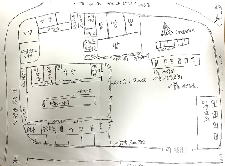 [목포=뉴시스] 김혜인 기자= 강제입소피해자가 그린 1970~80년 당시 전남 목포 동명원 내부. (사진=독자제공) 2022.02.16.photo@newsis.com 