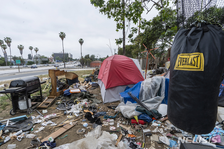 [로스앤젤레스= AP/뉴시스]미국 캘리포니아주 로스앤젤레스시내 고속도로 입구에 즐비한 노숙자 텐트들. 이 지역에서는 코로나19 팬데믹 초기에 거의 2000명 가까운 노숙자가 사망했다. 미국의 빈곤층 메디케이드 가입자들은 4월부터 가입에서 축출당해 의료보험이 끊기게 됐다.&nbsp; 