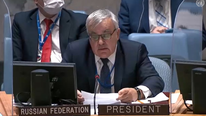 [워싱턴=뉴시스]세르게이 베르쉬닌 러시아 외무차관이 17일(현지시간) 유엔 안전보장이사회 공개 회의에서 발언하고 있다. 2022.02.17. *재판매 및 DB 금지