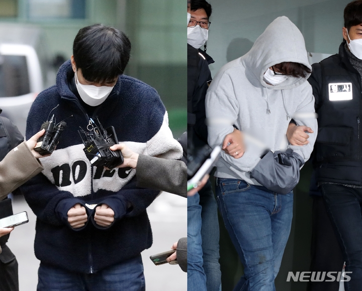 [서울=뉴시스] 고승민·고범준 기자 = 김병찬(왼쪽)이 지난해 11월29일 서울 남대문경찰서에서 호송차로 향하고 있다. 오른쪽은 지난해 12월17일 서울 중부경찰서에서 호송차에 오르는 이석준. kkssmm99@newsis.com 2021.12.17. bjko@newsis.com