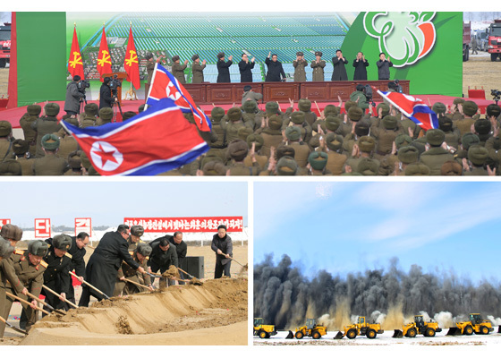 [서울=뉴시스] 연포 온실 농장 건설 착공식 참석한 김정은. 2022.02.19. (사진=노동신문 누리집 갈무리) *재판매 및 DB 금지