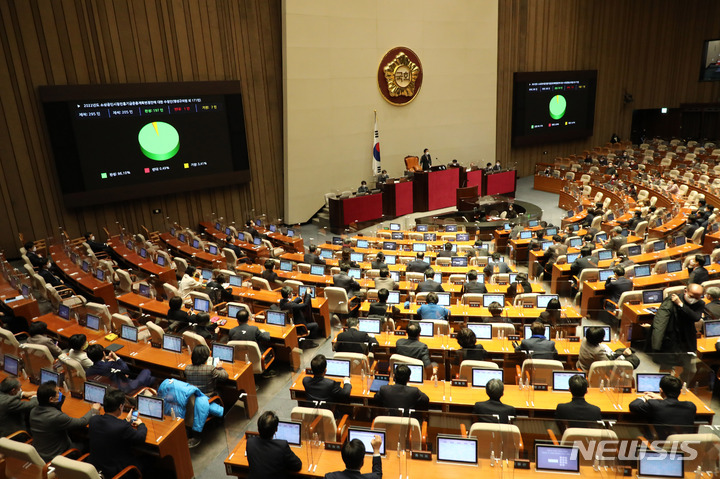 [서울=뉴시스] 최진석 기자 = 21일 오후 국회에서 열린 본회의에서 2022년도 소상공인시장진흥기금운용계획변경안에 대한 수정안이 가결되고 있다. (공동취재사진) 2022.02.21. photo@newsis.com