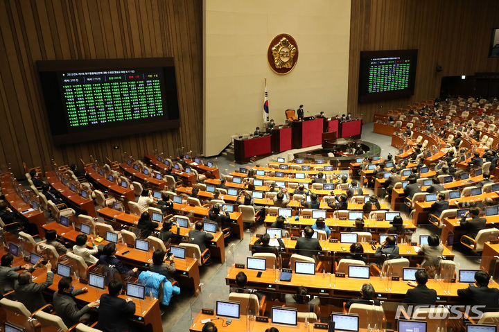 [서울=뉴시스] 최진석 기자 = 코로나 피해지원 관련 16.9조 규모의 내용이 담긴 2022년도 제1회 추가경정예산안 수정안이 21일 서울 여의도 국회에서 열린 제393회국회(임시회) 제3차 본회의에서 가결되고 있다. (공동취재사진) 2022.02.21. photo@newsis.com