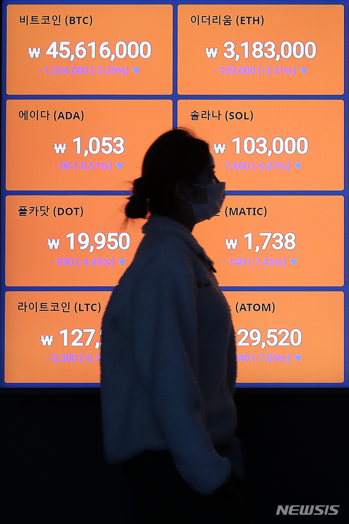 [서울=뉴시스] 백동현 기자 = 블라디미르 푸틴 러시아 대통령이 평화유지군의 우크라이나 진입을 명령한 22일 오전 서울 서초구 빗썸 고객지원센터 전광판의 비트코인 시세가 하락세를 보이고 있다. 2022.02.22. livertrent@newsis.com