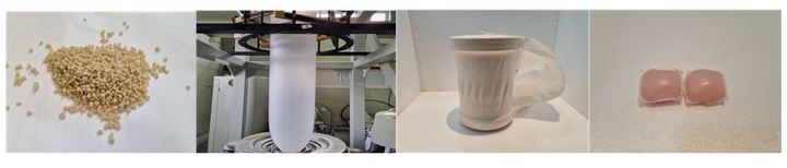 왼쪽부터 ▲전분을 활용한 해양분해 소재 ▲물에 녹는 필름 생산 과정 ▲물에 녹는 필름 ▲캡슐 세제 적용 상품. [사진 제공 = 제영산업] *재판매 및 DB 금지