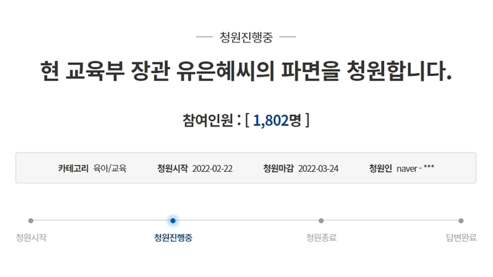 [서울=뉴시스] 지난 22일 청와대 국민청원 게시판에는 '현 교육부 장관 유은혜씨의 파면을 청원합니다'라는 제목의 글이 올라왔다. (사진=청와대 국민청원 갈무리) 2022.02.23. *재판매 및 DB 금지