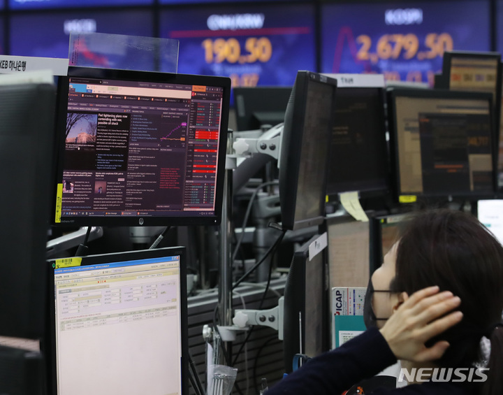 [서울=뉴시스] 조수정 기자 = 코스피는 전 거래일(2648.80)보다 29.67포인트(1.12%) 오른 2678.47에 개장한 25일 서울 중구 하나은행 딜링룸에서 딜러가 미국연방준비제도(FRB)의 우크라이나에서 벌어지는 EU 갈등과 관련, 경제 영향 및 긴축 통화정책 계획 관련 기사를 보고 있다. 코스닥은 전 거래일(848.21)보다 16.51포인트(1.95%) 상승한 864.72에, 서울 외환시장에서 원·달러 환율은 전 거래일(1202.4원)보다 2.6원 오른 1205.0원에 거래를 시작했다. 전날 코스피와 코스닥은 러시아의 우크라이나 침공 소식으로 동반 급락해 마감했다. 2022.02.25. chocrystal@newsis.com