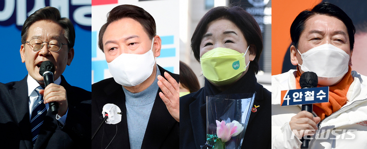 [서울=뉴시스] 이재명 더불어민주당 대선 후보는 지난 27일 경남 창원 상남분수광장에서 지지호소를, 윤석열 국민의힘 대선 후보는 서울 여의도 국민의힘 당사에서 열린 안철수 국민의당 대선 후보와의 단일화 관련 기자회견을, 심상정 정의당 대선 후보는 서울 신촌에서 열린 고(故) 변희수 하사 1주기 추모제에 참석, 안철수 국민의당 대선 후보는 전남 순천 아랫장에서 지지를 호소하고 있다. (사진=뉴시스 DB) 2022.02.28. photo@newsis.com