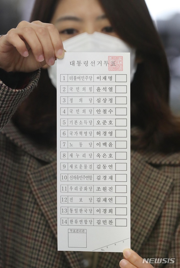 [안양=뉴시스] 김종택 기자 = 제20대 대통령선거를 9일 앞둔 28일 오전 경기도 안양시의 한 인쇄소에서 경기도선거관리위원회 관계자가 인쇄된 투표용지를 들어보이고 있다. (공동취재사진) 2022.02.28. photo@newsis.com