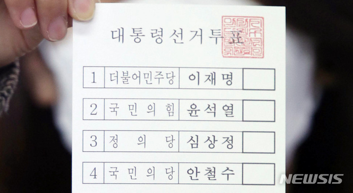 [안양=뉴시스] 김종택 기자 = 제20대 대통령선거를 9일 앞둔 28일 오전 경기도 안양시의 한 인쇄소에서 경기도선거관리위원회 관계자가 인쇄된 투표용지를 들어보이고 있다. (공동취재사진) 2022.02.28. photo@newsis.com