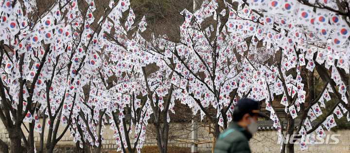 [서울=뉴시스] 홍효식 기자 = 삼일절을 하루 앞둔 28일 오후 서울 용산구 효창공원 인근 태극기 거리가 조성돼 있다. 2022.02.28. yesphoto@newsis.com