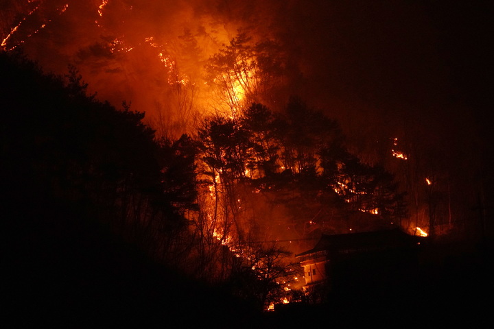 [서울=뉴시스] 28일 경남 합천군 율곡면에서 시작해 경북 고령군 쌍림면까지 넘어간 산불이 강풍으로 확산되고 있다. (사진=산림청 제공). 2022.03.01. photo@newsis.com *재판매 및 DB 금지