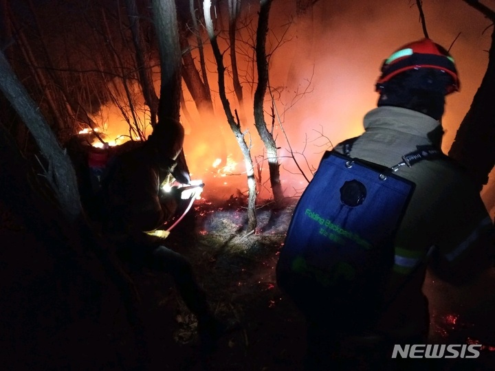 [대구=뉴시스] 고여정 기자= 지난달 28일 오후 11시40분께 달성군 가창면 주암산에서 2차로 불이 나 진화 중이다. 2022.03.02 (사진 = 대구소방안전본부) photo@newsis.com