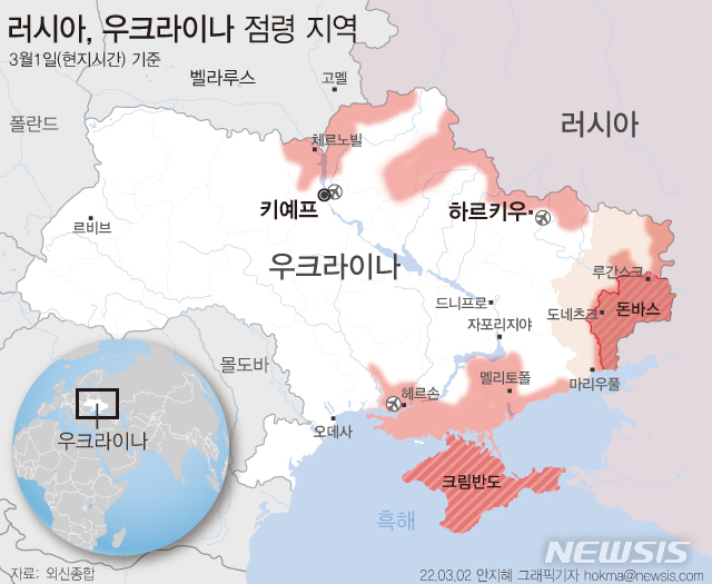 [서울=뉴시스] 러시아의 우크라이나 침공 7일째인 2일(현지시간) 러시아군이 우크라이나 제2 도시 북부 하르키우에 상륙한 것으로 파악됐다. 러시아 대표단은 1차 회담에서 우크라이나가 친서방 동맹에 가입하지 않는 중립국화 방안과 이에 대한 국민투표 등을 요구한 것으로 알려졌다. (그래픽=안지혜 기자) hokma@newsis.com