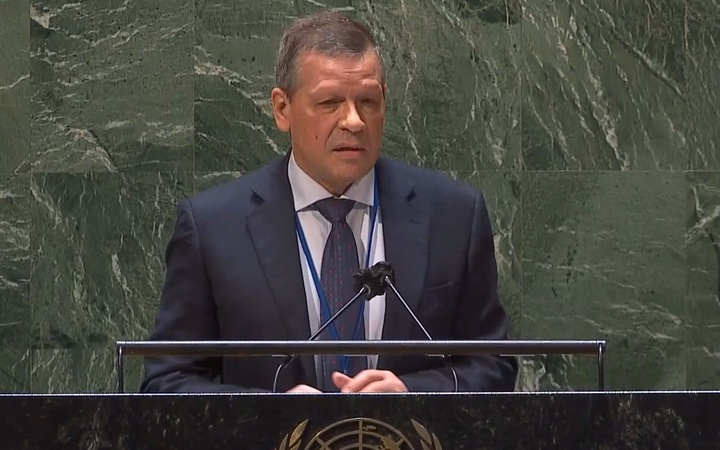 [워싱턴=뉴시스]발렌틴 리바코프 벨라루스 유엔대사가 2일(현지시간) 유엔 긴급특별총회 연설에서 발언하는 모습. (사진=유엔TV 캡처) 2022.03.02. *재판매 및 DB 금지