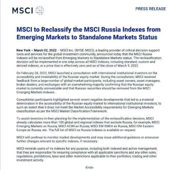 [서울=뉴시스]러시아를 신흥국 지수에서 제외한다는 내용의 모건스탠리캐피털인터내셔널(MSCI) 공지. (사진=MSCI 캡처) *재판매 및 DB 금지