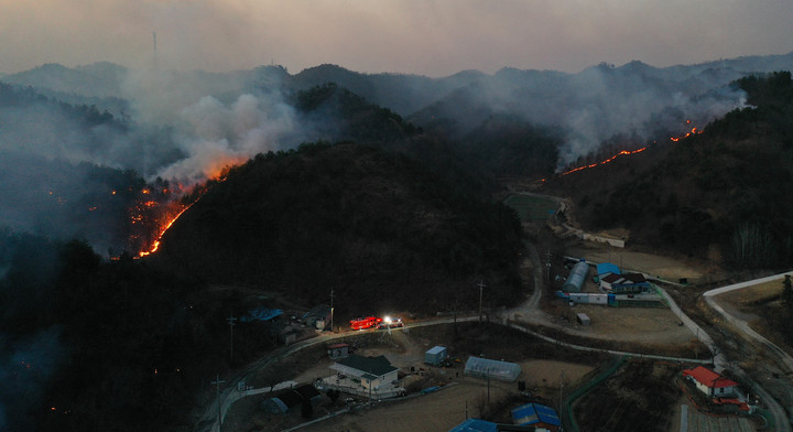 [서울=뉴시스] 배훈식 기자 = 지난 5일 경북 울진에서 시작된 산불이 강원 삼척시까지 번져 일대 산림에서 불길과 연기가 피어오르고 있다. (사진=강원일보 제공) 2022.03.06. photo@newsis.com *재판매 및 DB 금지