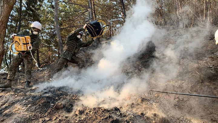 [삼척=뉴시스] 김경목 기자 = 6일 오후 육군 제8군단 충용부대 장병들이 강원 삼척시 월천 유원지 일대 야산에서 잔불을 끄느라 고생하고 있다. (사진=육군 제8군단 제공) 2022.03.06. photo@newsis.com *재판매 및 DB 금지