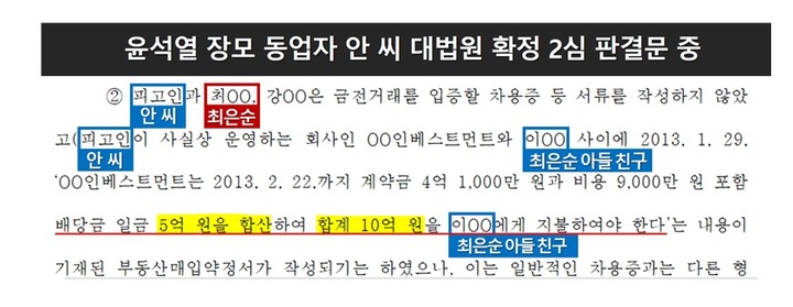 [서울=뉴시스] 더불어민주당 선거대책위원회 현안대응TF가 7일 윤석열 후보 장모 최씨가 동업자 안씨에게 2013년 연 환산 1460%에 달하는 고리사채로 돈을 빌려준 것으로 드러났다고 밝혔다. 2022.03.07. (사진=현안TF 자료 캡처)  *재판매 및 DB 금지