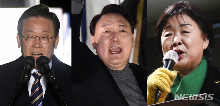 [서울=뉴시스] 더불어민주당 이재명·국민의힘 윤석열·정의당 심상정 대선 후보가 지난 8일 각각 서울 청계광장, 시청광장, 홍대 상상마당 광장에서 유세를 하며 지지를 호소하고 있다. (사진=뉴시스 DB) 2022.03.09. photo@newsis.com