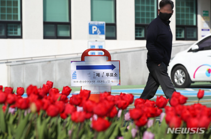 [제주=뉴시스] 우장호 기자 = 제20대 대통령선거일인 9일 오후 제주시 연동 의원회관에 마련된 제1투표소 앞 화단에 튤립이 활짝 펴 봄기운이 물씬 풍긴다. 2022.03.09. woo1223@newsis.com