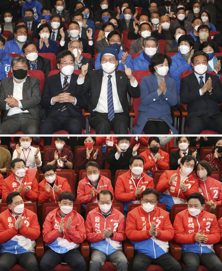 [서울=뉴시스] 전신·최진석 기자 = 더불어민주당 이낙연 총괄선대위원장, 송영길 대표를 비롯한 당지도부와 국민의힘 권영세 선거대책본부장, 이준석 대표를 비롯한 당지도부가 9일 오후 서울 여의도 국회 의원회관과 국회 도서관에 마련된 양당의 제20대 대통령선거 개표상황실에서 초박빙으로 예측된 출구조사 결과를 지켜보고 있다. (공동취재사진) 2022.03.09. photo@newsis.com