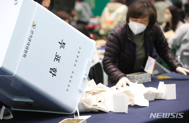 [제주=뉴시스] 우장호 기자 = 제20대 대통령선거일인 9일 오후 제주시 사라봉다목적체육관에 마련된 개표소에서 개표 작업이 진행되고 있다. 2022.03.09. woo1223@newsis.com