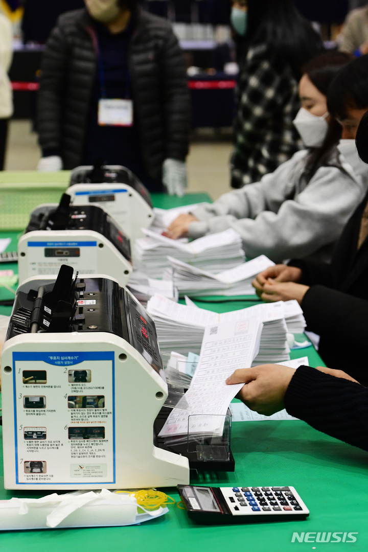 [창원=뉴시스] 차용현 기자 = 제20대 대통령선거가 실시된 9일 오후 경남 창원시 창원컨벤션센타(CECO) 전시장에 마련된 개표소에서 사무원들이 투표용지를 심사·집계 하고 있다. 2022.03.09. con@newsis.com