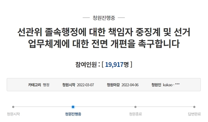 [서울=뉴시스] 청와대 국민청원 게시판에 올라온 중앙선거관리위원회 규탄 청원 (사진=청와대 국민청원) 2022.03.10. *재판매 및 DB 금지