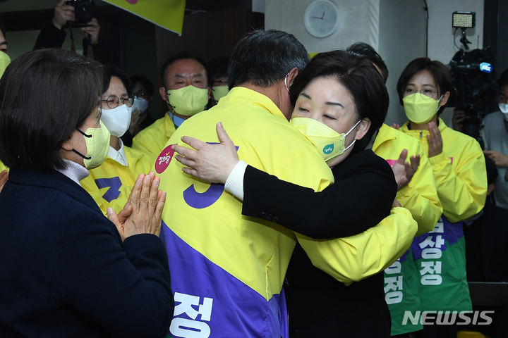 [서울=뉴시스] 최동준 기자 = 심상정 정의당 대선 후보가 10일 서울 영등포구 정의당 당사에 마련된 개표 상황실에서 여영국 대표와 인사를 하고 있다. (공동취재사진) 2022.03.10. photo@newsis.com