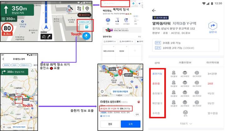 [서울=뉴시스] 왼쪽부터 지난해 12월부터 티맵에서 이용 가능한 전기차 충전기 경로상 최적 충전소 탐색 ·예약 서비스, 충전기 고장 여부 실시간 표출 안내 화면(안). (사진=환경부 제공). 2022.03.13. photo@newsis.com *재판매 및 DB 금지