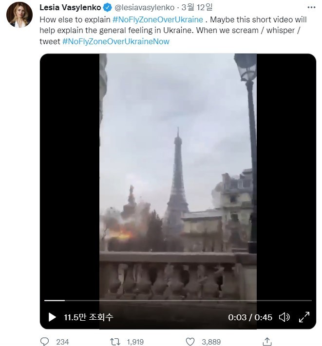 [서울=뉴시스] 우크라이나 국방부는 12일(현지시간) 프랑스 수도 파리가 러시아의 공습을 당하는 합성 영상을 배포했다. (사진=레시아 바실렌코 우크라이나 의원 트위터 캡처) 2022.03.13. *재판매 및 DB 금지 *재판매 및 DB 금지