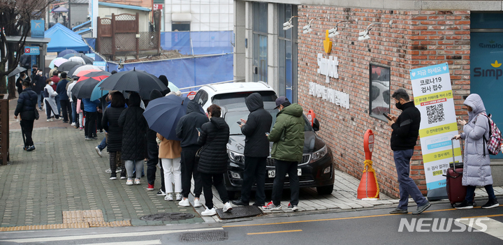 [서울=뉴시스] 조성우 기자 = 지난 13일 오후 서울 강남구 강남베드로병원 선별진료소에서 시민들이 검사를 받기 위해 대기하고 있다. 중앙재난안전대책본부는 내일(14일)부터 한 달간 한시적으로 응급용 PCR 검사와 전문가용 RAT 양성 결과를 PCR 검사 양성 확진과 동일하게 관리한다고 밝혔다. 2022.03.14. xconfind@newsis.com