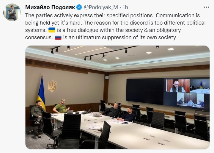 [서울=뉴시스]미하일로 포돌랴크 우크라이나 대통령실 고문 트위터 화면. 2022.3.14. *재판매 및 DB 금지