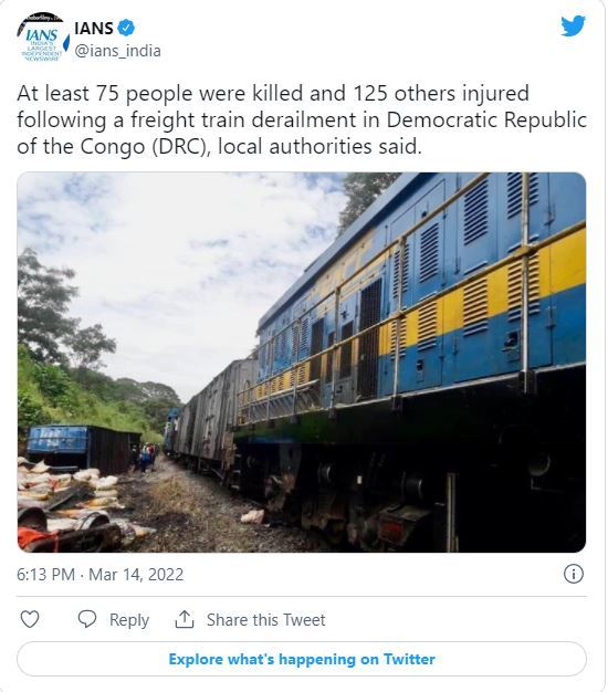 [서울=뉴시스]콩고 남부 루알라바주 킨테타 마을에서 화물열차가 탈선해 최소 75명이 숨졌다. <사진 출처 : 트위터> 2022.3.14