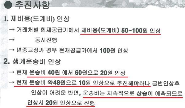 [세종=뉴시스] 육계 신선육 판매가격 요소 인상 합의 내부 문건. (자료=공정거래위원회 제공) *재판매 및 DB 금지