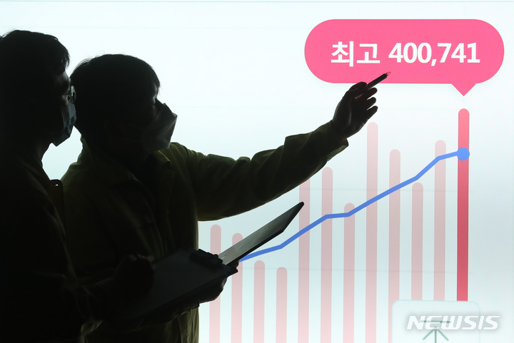 [서울=뉴시스] 고승민 기자 = 0시 기준 코로나19 신규 확진자가 40만 741명으로 기록된 16일 송파구청 기획상황실에서 관계자들이 확진자수를 살피고 있다. 2022.03.16. kkssmm99@newsis.com