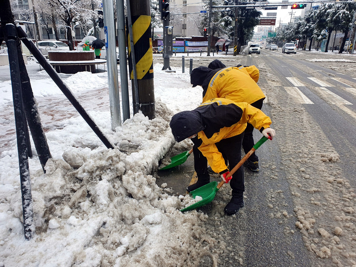 [속초=뉴시스] 김경목 기자 = 춘분을 이틀 앞둔 19일 오전 속초시청 공무원들이 강원 속초시 도로에 쌓인 눈을 삽을 이용해 치우고 있다. (사진=속초시청 제공) 2022.03.19. photo@newsis.com *재판매 및 DB 금지
