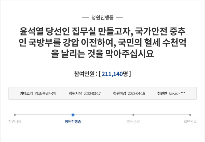 [서울=뉴시스]20일 청와대 국민청원 홈페이지에 따르면 이날 오후 4시 기준 윤석열 대통령 당선인의 용산 국방부 청사로의 집무실 이전 반대 청원 글에 총 21만1140명이 동의했다. (사진=청와대 국민청원 홈페이지 캡쳐). 2022.03.20. *재판매 및 DB 금지. *재판매 및 DB 금지