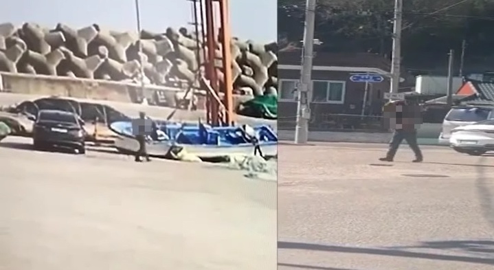 [울진=뉴시스] 이바름 기자 = 자신의 독특한 걸음걸이 탓에 절도 행각이 들통난 50대 남성. 사진은 경북 울진해경이 절도범의 걸음걸이를 비교하는 모습.(사진=울진해양경찰서 제공) 2022.03.23. photo@newsis.com *재판매 및 DB 금지