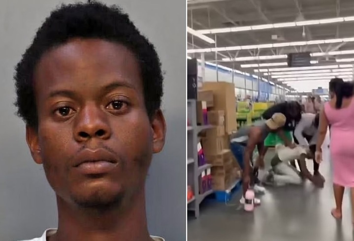 [서울=뉴시스] 미국 플로리다주 마이애미의 한 마트에서 여성을 성폭행하려다 주위 시민들에 의해 제압당한 브라덴 하비(28·왼쪽)의 모습. 하비가 세 명의 남자 손님에게 제압당하고 있다(오른쪽). (출처 : 인스타그램 갈무리) 2022.03.25. *재판매 및 DB 금지