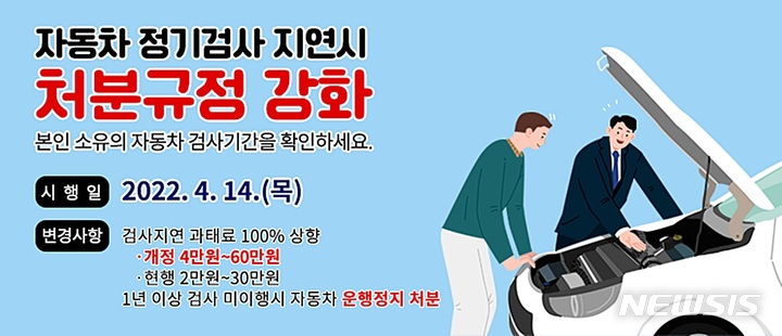 [수원=뉴시스]4월 14일부터 개정되는 '자동차관리법'에 따라 처벌이 강화되는 자동차 정기 검사 안내 포스터.(수원시 제공)