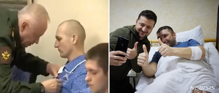 [키이우=AP/뉴시스] 러시아 국방부 정책담당 차관 알렉산드르 포민이 부상을 당한 병사 가슴에 훈장을 달아주고 있는 모습(왼쪽)과 볼로디미르 젤렌스키 우크라이나 대통령이 부상병을 위로하고 셀카를 찍고 있는 모습(오른쪽) 2022.03.14. *재판매 및 DB 금지