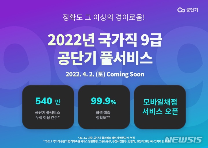 [서울=뉴시스] 에스티유니타스의 공무원 시험 전문 브랜드 '공단기'는 4월2일 시행되는 국가직 공무원 9급 필기시험 종료 직후 합격선을 확인할 수 있는 '2022년 국가직 9급 시험 합격예측 풀서비스'를 제공한다고 29일 밝혔다. (이미지=에스티유니타스 제공) 2022.03.29. photo@newsis.com