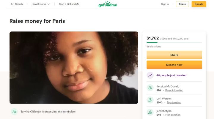 [서울=뉴시스] 패리스 하비(12)의 자매 타티나 길리에한이 온라인 모금 커뮤니티 '고 펀드 미'에 올린 장례 비용 모금 화면이다. (사진=Go Fund Me 홈페이지 갈무리) 2022.03.29. *재판매 및 DB 금지