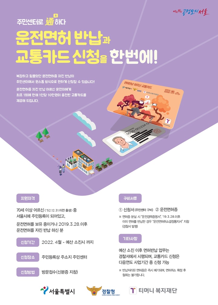 [서울=뉴시스] 서울시는 운전면허 자진반납 노인에게 선불 교통카드 10만원을 제공하는 사업을 다음 달 1일부터 시행한다고 30일 밝혔다. (사진=서울시 제공) 2022.03.30. photo@newsis.com&nbsp; *재판매 및 DB 금지