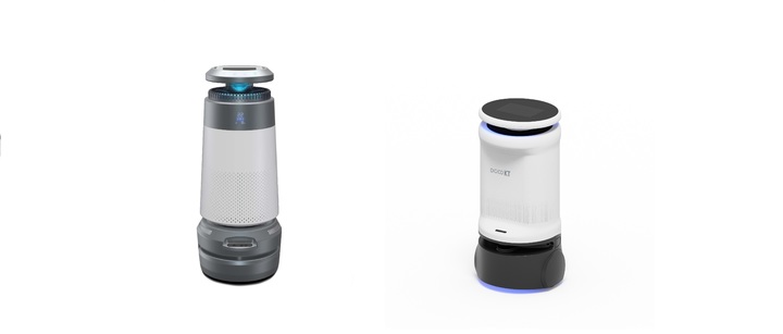 ▲KT 대형 AI방역로봇(왼쪽)과 중소형 AI방역로봇 