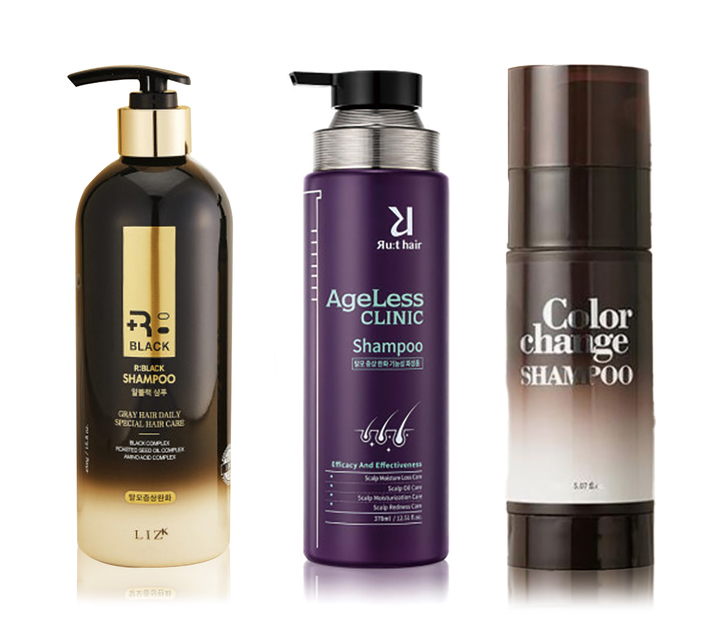 왼쪽부터 리즈케이 'R블랙 샴푸', 이엘라이즈 '루트헤어 탈모&흑발 펩타이드 에이지리스 새치 샴푸', 서울화장품 '메르센보떼 컬러 체인지 샴푸' *재판매 및 DB 금지